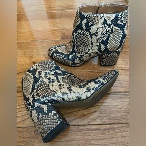 Franco Sarto Snake-Print Block Heel Ankle Boots - Black & Tan - Size 7.5
